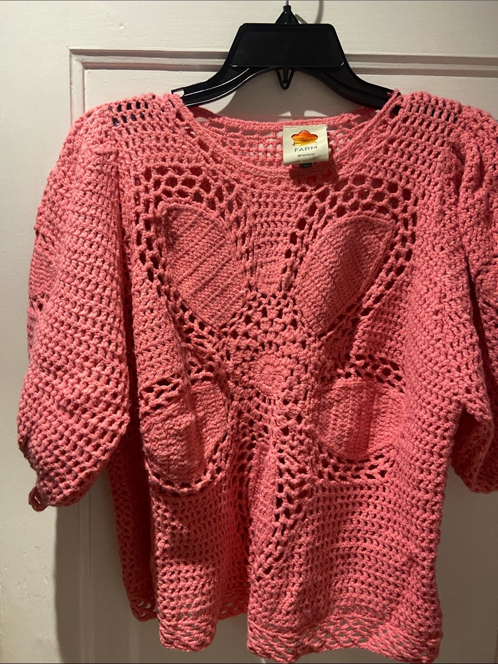 FARM Rio Coral Pink Crochet Openwork Pullover